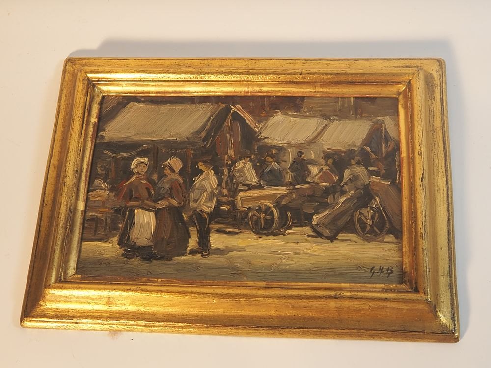 Gilt-framed oil painting of a market scene attributed to George Hendrik Breitner, sold at London Camera & Antique Auction Ltd
